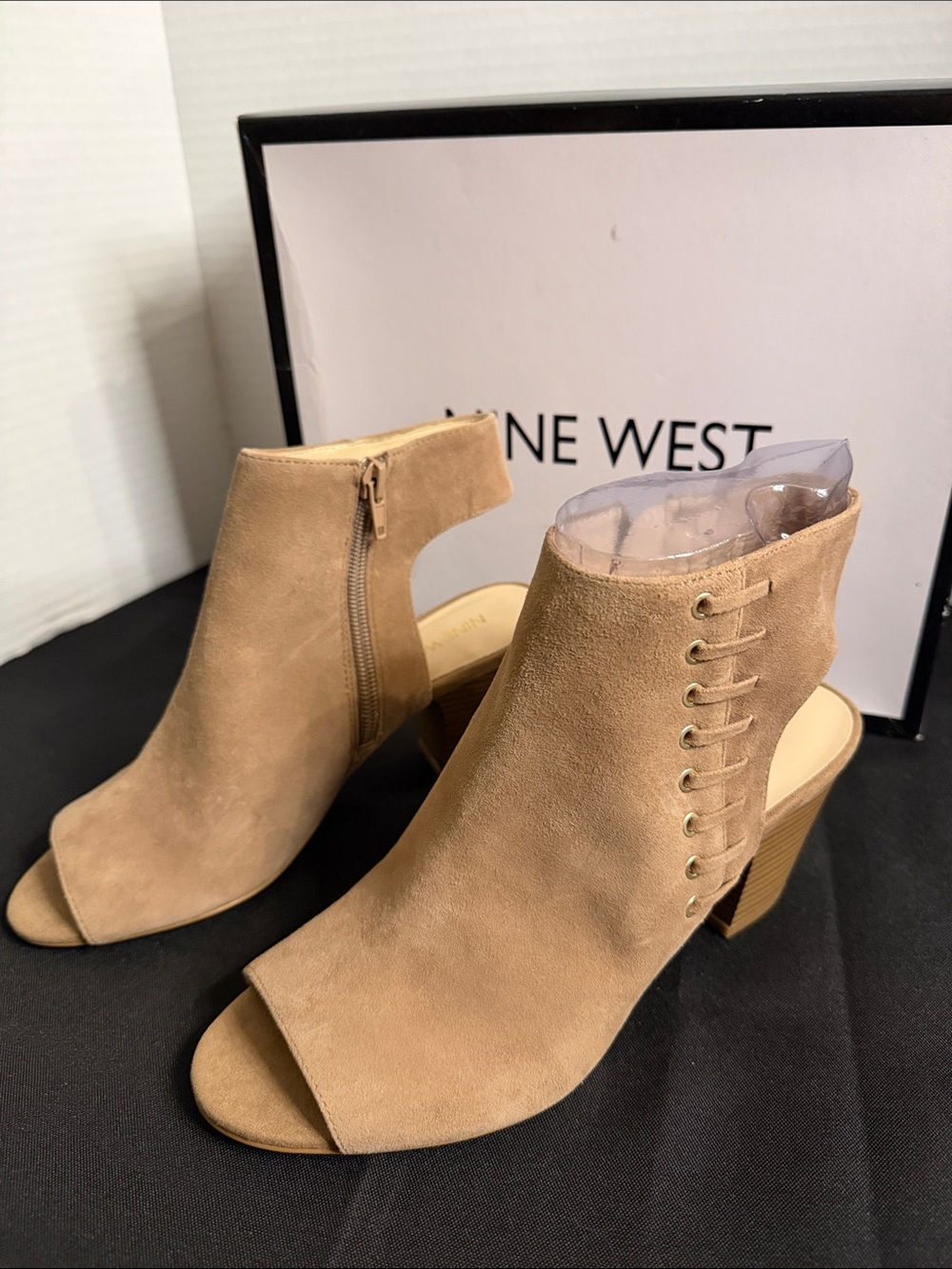 Nine West Shoes-Tan Suede Peep-Toe Block Heel Booties w/Side Lacing Size 6.5 NIB